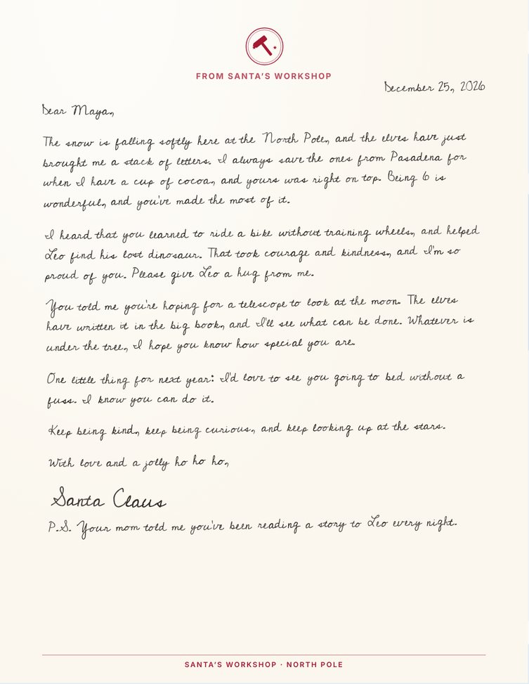 Example letter from Santa to Maya