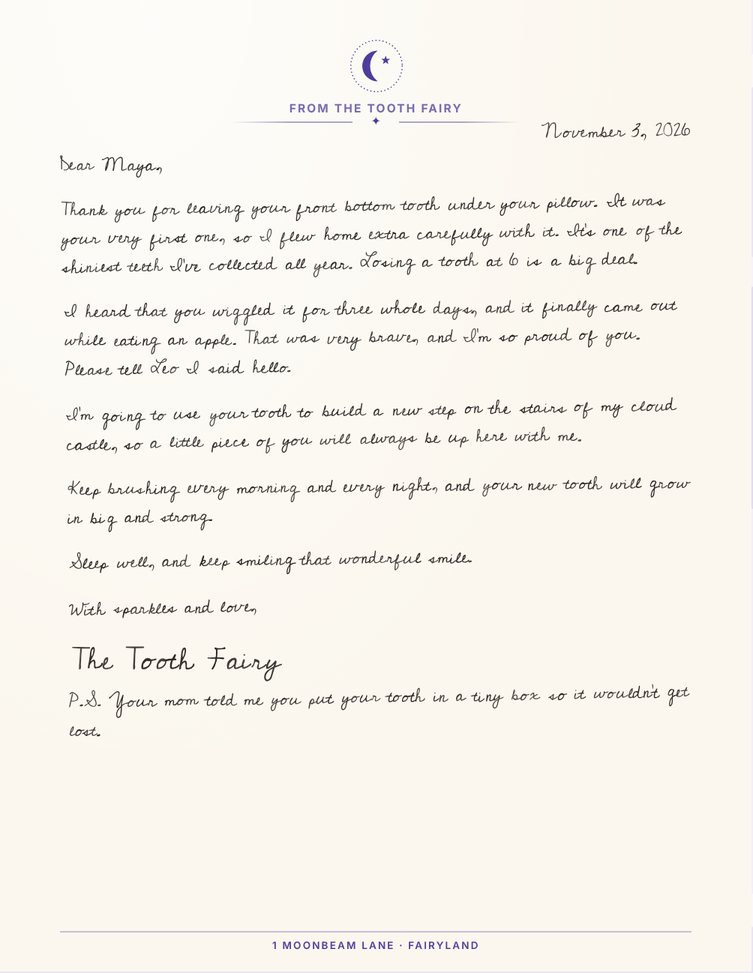 Example letter from the Tooth Fairy to Maya